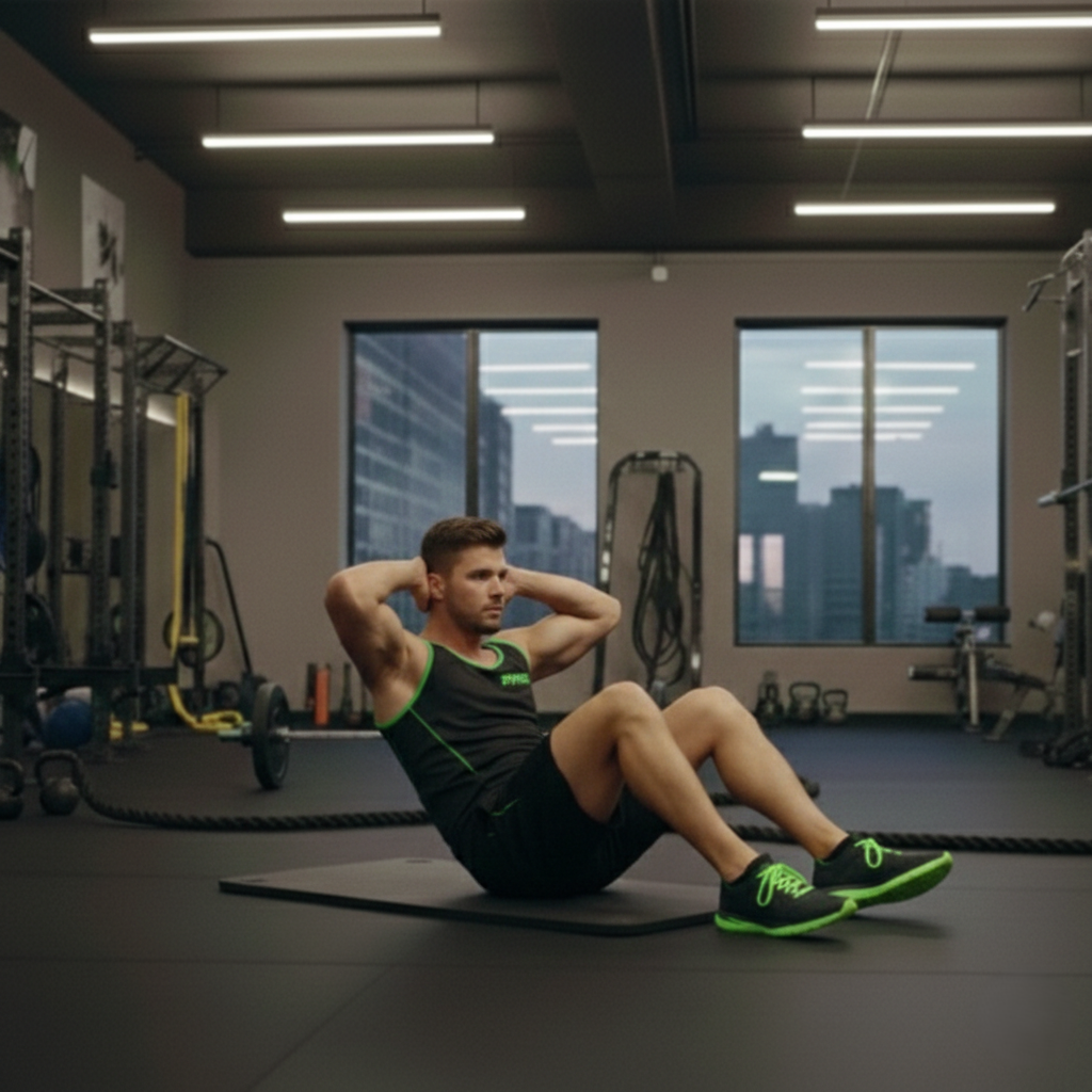 Uomo che esegue esercizi addominali su tappetino in una palestra FitAcademy, immagine utilizzata nella pagina corsi per rappresentare il programma dedicato all’allenamento dell’addome