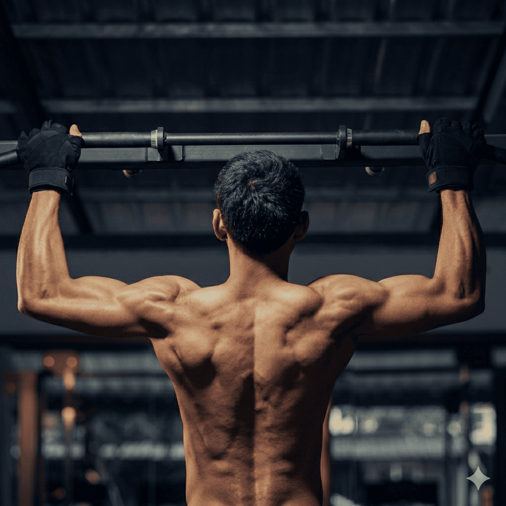 Un ragazzo esegue esercizi di pull-up alla sbarra, mostrando la schiena muscolare